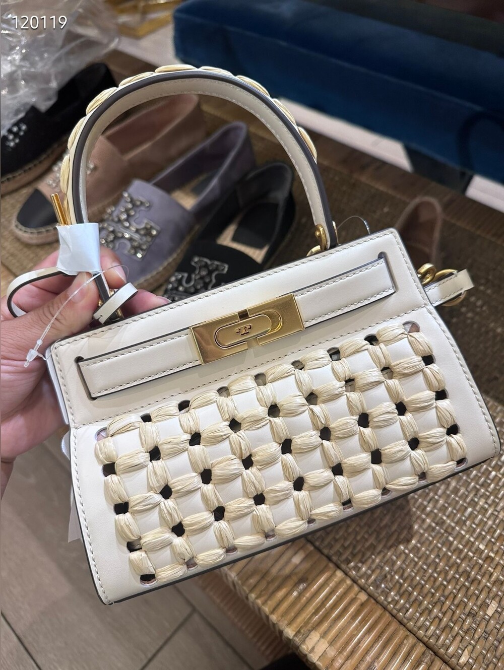 Tory Burch Lee Elegant Cream Woven Top-Handle Bag with Gold Hardware